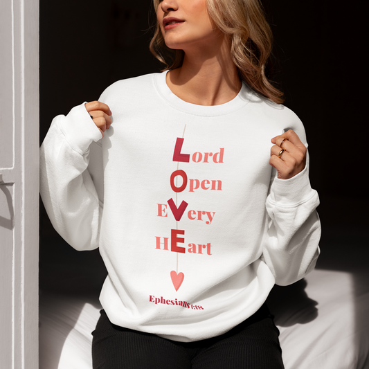 "LOVE" Open Hearts- White Crewneck-Design Front/Back